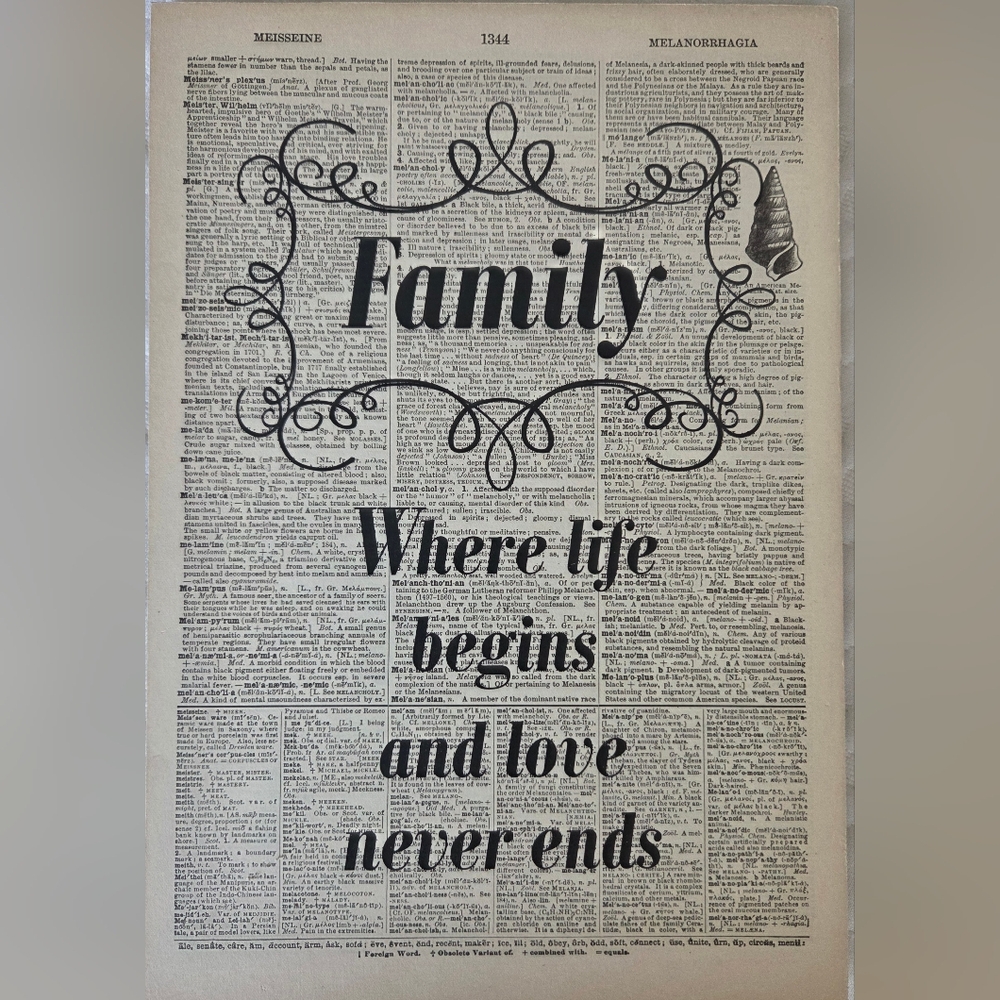 Vintage Dictionary Page Wall Art W/Family Quote & Certificate Of Authenticity